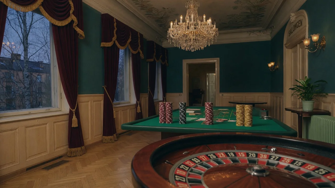 Tomt casinogolv med rouletthjul och spelbord i dämpad belysning